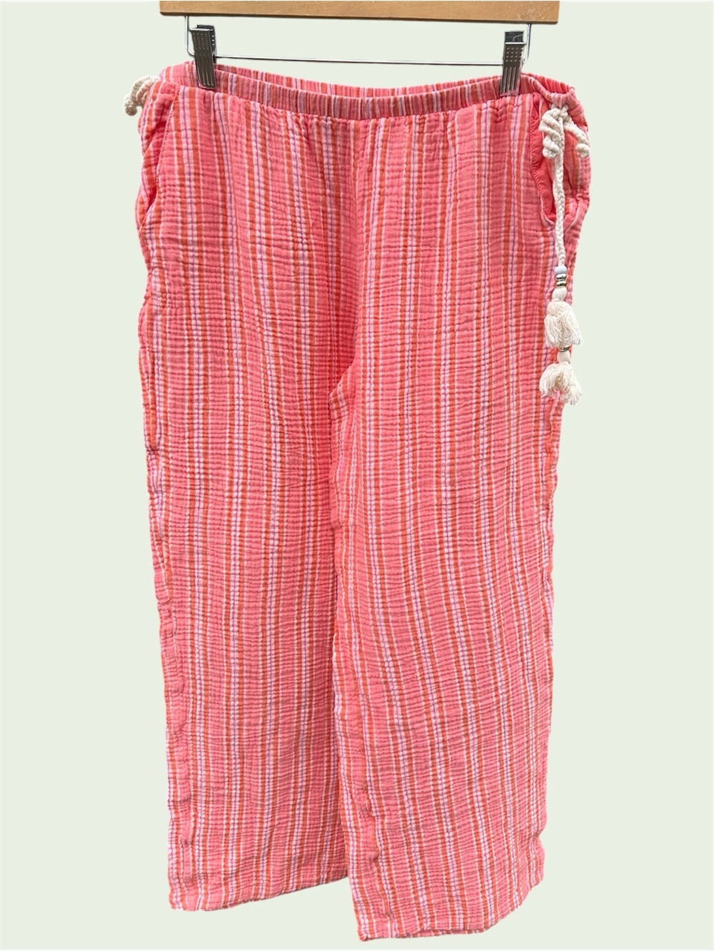 Womens Medium Coral Striped Wide Leg 100% Cotton Gauzy Pull On Pants Pockets